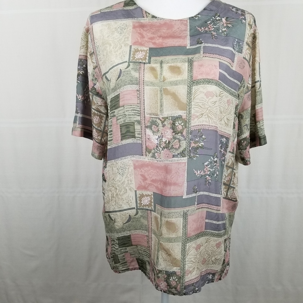 Vintage 80s silk short sleeve lightweight top L